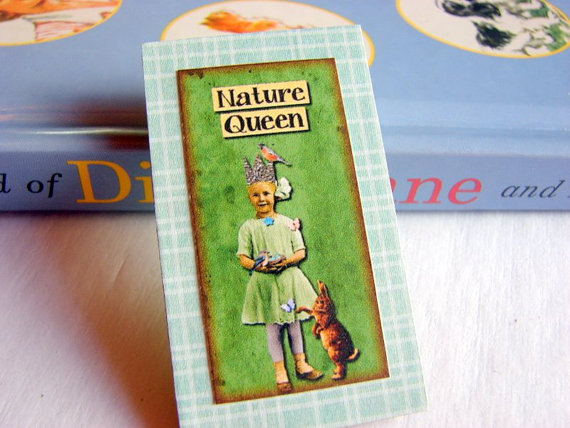 Vintage Girl With Birds And A Bunny Rabbit - Nature Queen - Paper And Chipboard Collage Decoupage Pin Brooch Badge - Retro