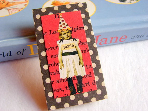 Pixie - Girl In A Party Hat - Paper And Chipboard Collage Decoupage Pin Brooch Badge - Retro Vintage