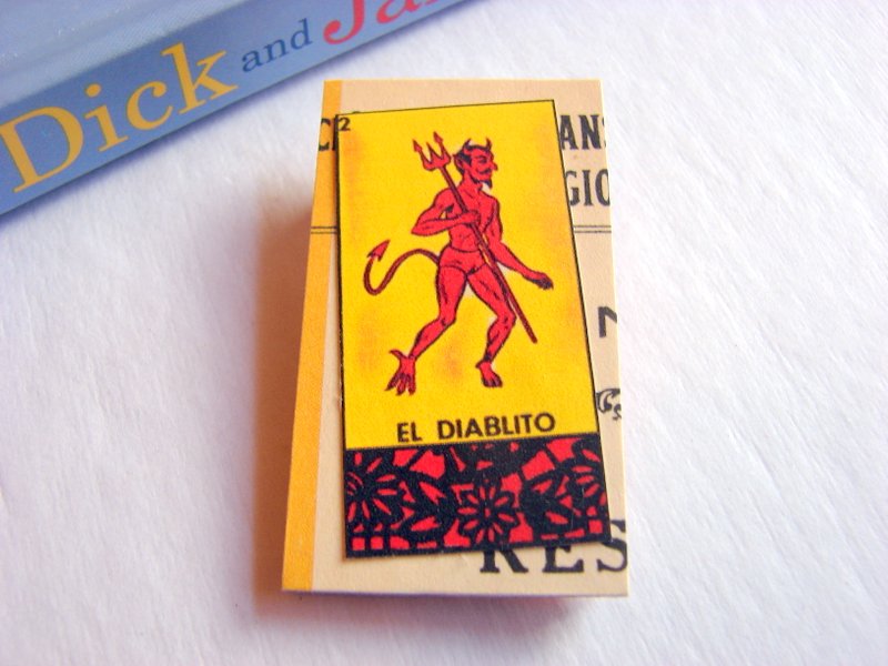 El Diablito The Little Devil - Mexican Loteria Card - Paper And Chipboard Collage Decoupage Pin Brooch Badge - Vintage Hispanic
