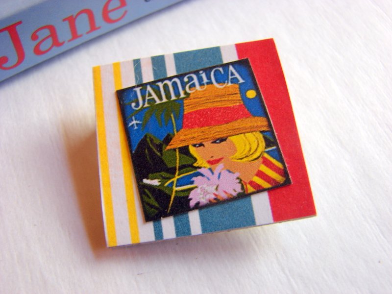 Jamaica Woman In A Straw Hat - Vintage Travel Poster - Paper And Chipboard Collage Decoupage Pin Brooch Badge - Retro