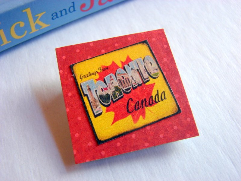 Greetings From Toronto Canada Maple Leaf - Vintage Travel Poster - Paper And Chipboard Collage Decoupage Pin Brooch Badge - Retro