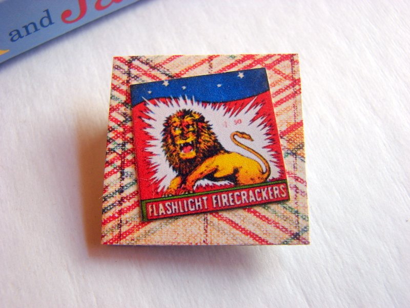 Flashlight Firecrackers Roaring Lion - Vintage Chinese Fireworks Label - Paper And Chipboard Collage Decoupage Pin Brooch Badge - Retro