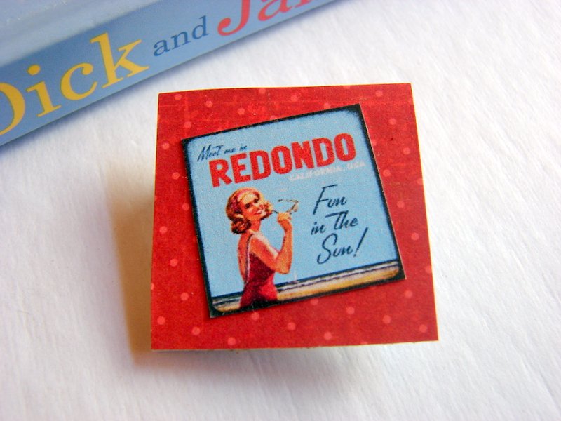 Redondo Beach California Fun In The Sun - Vintage Travel Poster - Paper And Chipboard Collage Decoupage Pin Brooch Badge - Retro