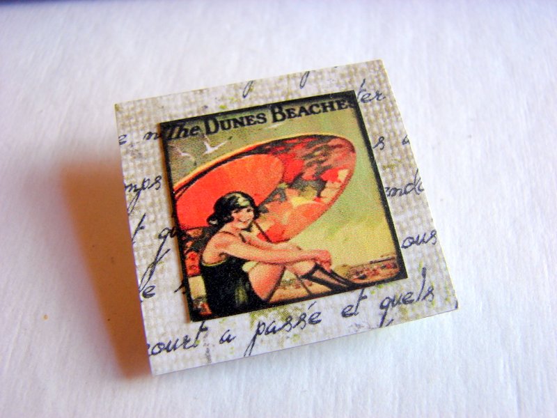 The Dunes Beach Woman Under An Umbrella - Vintage Travel Poster - Paper And Chipboard Collage Decoupage Pin Brooch Badge - Retro