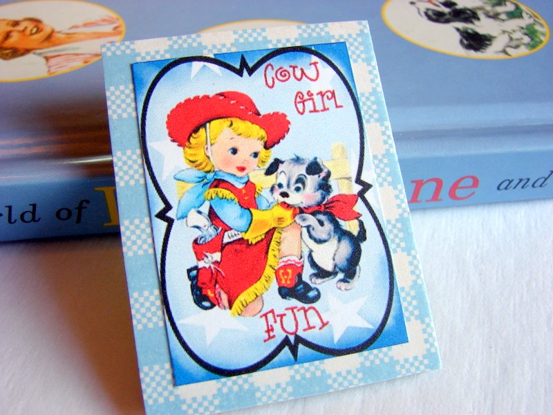 Western Girl And Her Puppy Dog - Cowgirl Fun - Paper And Chipboard Collage Decoupage Pin Brooch Badge - Retro Vintage