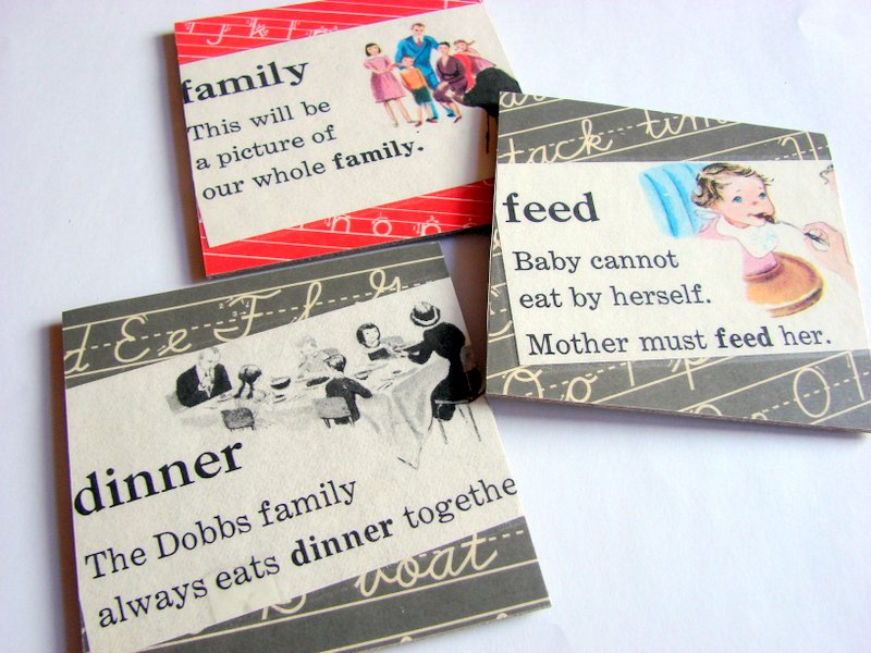 Vintage Dictionary - Feed The Family At Dinner Time - Coaster Set - Small Paper Chipboard Decoupage Collage Drink Bar Tea Beverage Coffee