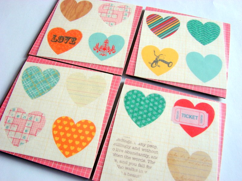 Vintage Hearts Love And Romance - Coaster Set - Small Paper Chipboard Decoupage Collage Drink Bar Tea Beverage Coffee