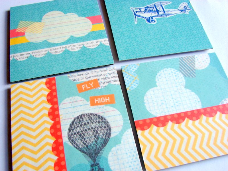 Fly High Air Balloon Airplane And Clouds - Coaster Set - Small Paper Chipboard Decoupage Collage Drink Bar Tea Beverage Coffee
