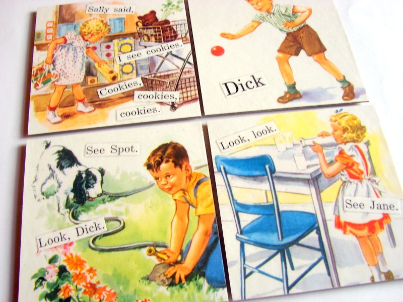 Look Dick See Spot See Jane See Sally - Dick And Jane - Coaster Set - Large Paper Chipboard Decoupage Collage Drink Bar Tea Beverage Coffee