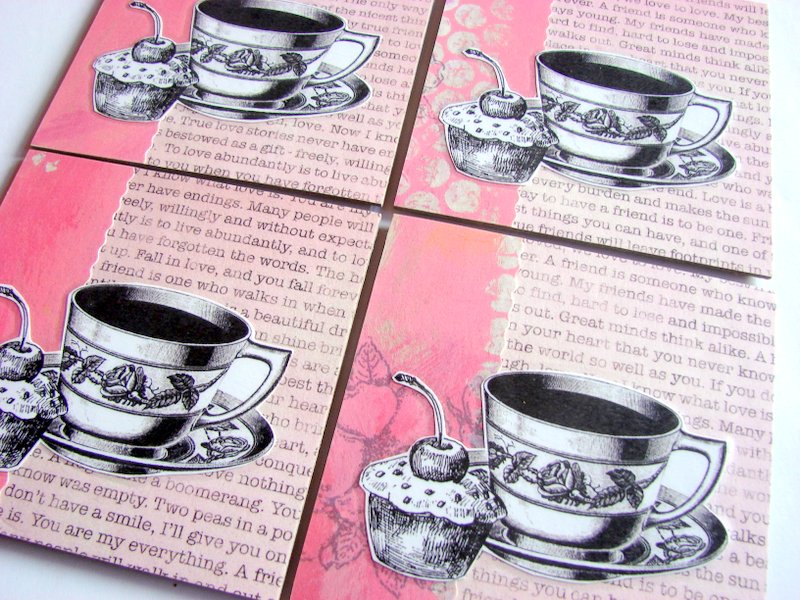 Tea Cups And Cupcakes With A Cherry On Top - Coaster Set - Large Paper Chipboard Decoupage Collage Drink Bar Tea Beverage Coffee