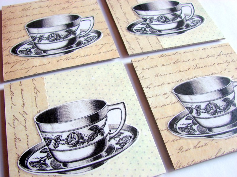 Victorian Teacups Tea Cups With Roses - Coaster Set - Small Paper Chipboard Decoupage Collage Drink Bar Tea Beverage Coffee