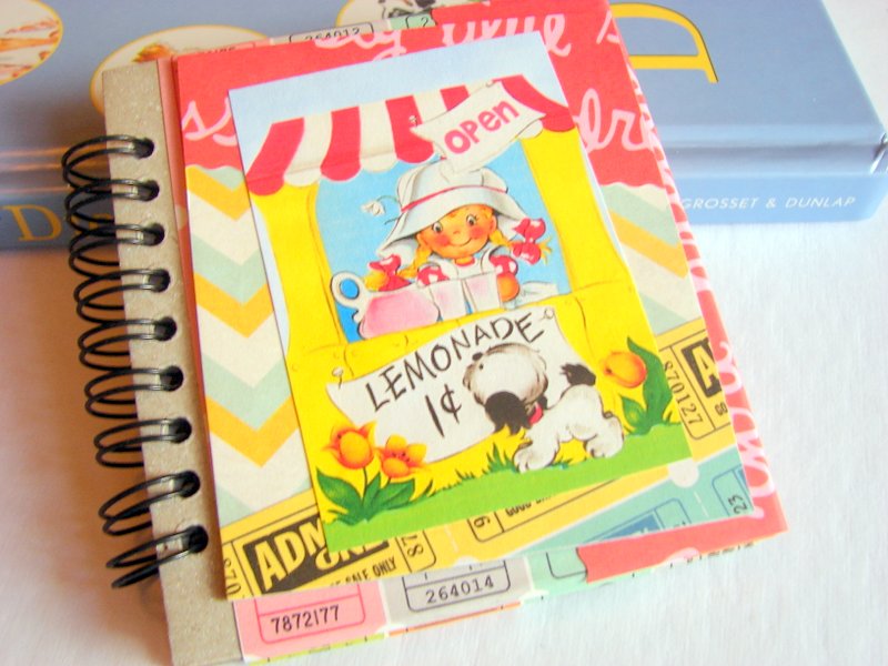 Pink Lemonade - Little Girl Puppy Dog And A Lemonade Stand - Mini Notebook Collage Decoupage Decorated Notepad Memo Book Note Book