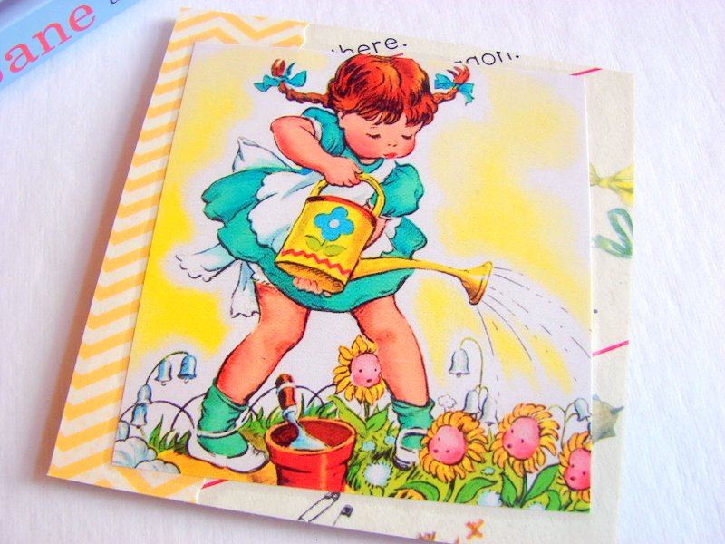 Mary Mary Quite Contrary - Girl Watering The Flowers - Coaster - Large Paper Chipboard Decoupage Collage Drink Bar Tea Beverage Coffee