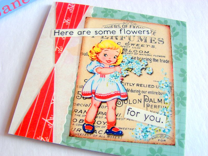Vintage Girl - Here Are Some Flowers For You - Coaster - Large Paper Chipboard Decoupage Collage Drink Bar Tea Beverage Coffee