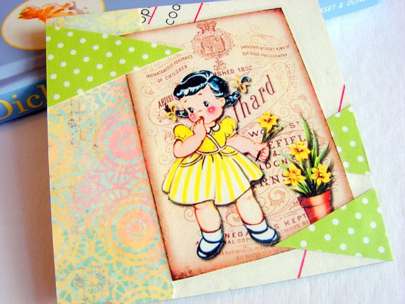 Girl Picking Daffodil Flowers - Coaster - Large Paper Chipboard Decoupage Collage Drink Bar Tea Beverage Coffee