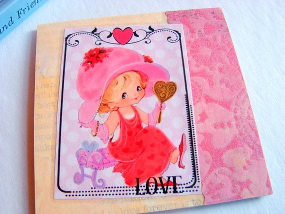 Girl Playing Dress Up With A Mirror - Love - Coaster - Large Paper Chipboard Decoupage Collage Drink Bar Tea Beverage Coffee