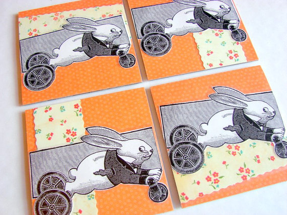 Victorian Bunny Rabbit Pull Toy On Wheels - Coaster Set - Small Paper Chipboard Decoupage Collage Drink Bar Tea Beverage Coffee