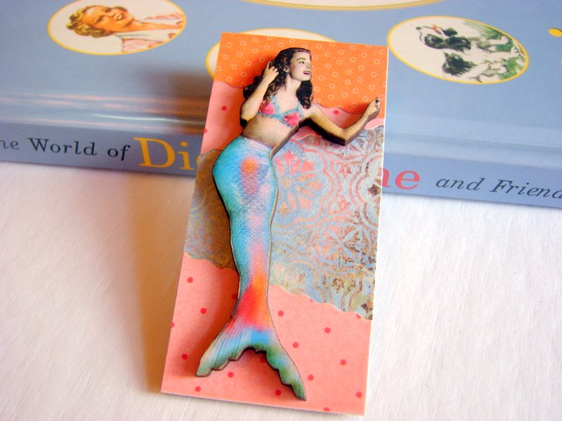 Mermaid In Orange Pink And Blue 3d Dimensional Pin Badge Brooch - Lg Chipboard Paper And Wood Decoupage Collage - Orange Blue Pink Polka Dots