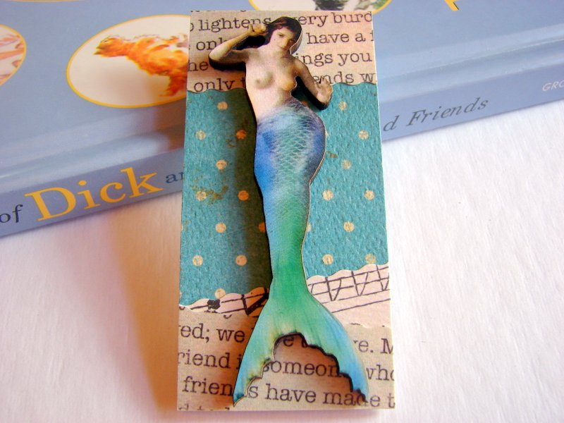Mermaid In Aqua Blue And Green 3d Dimensional Pin Badge Brooch - Lg Chipboard Paper And Wood Decoupage Collage - Orange Blue Pink Polka Dots