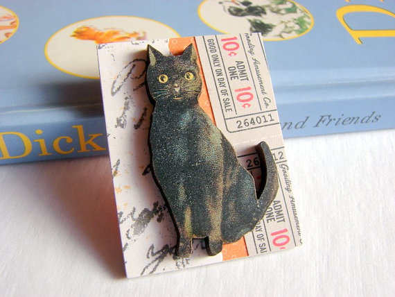 Black Cat Admit One Ten Cents Halloween 3d Dimensional Pin Badge Brooch - Lg Chipboard Paper And Wood Decoupage Collage - Orange Blue Pink Polka