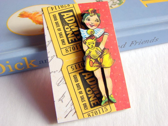 Vintage Girl Holding A Teddy Bear 3d Dimensional Pin Badge Brooch - Lg Chipboard Paper And Wood Decoupage Collage - Orange Blue Pink Polka Dots