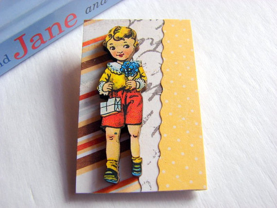 First Date - Boy With A Gift And Flower Bouquet 3d Dimensional Pin Badge Brooch - Lg Chipboard Paper And Wood Decoupage Collage - Orange Blue
