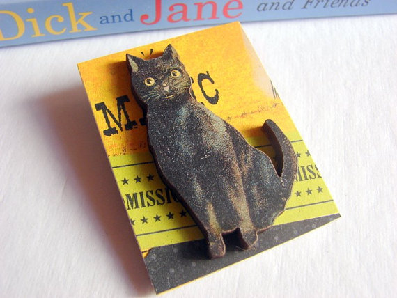 Black Cat Magic Halloween 3d Dimensional Pin Badge Brooch - Lg Chipboard Paper And Wood Decoupage Collage - Orange Blue Pink Polka Dots