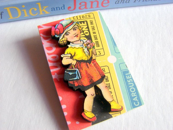 Vintage Girl With A Bouquet And Pocketbook 3d Dimensional Pin Badge Brooch - Lg Chipboard Paper And Wood Decoupage Collage - Orange Blue Pink
