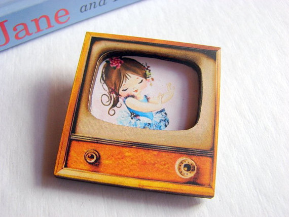 Dancing Girl - Ballerina In A Blue Tutu - Television Tv 3d Dimensional Pin Badge Brooch - Lg Chipboard Paper And Wood Decoupage Collage - Orange