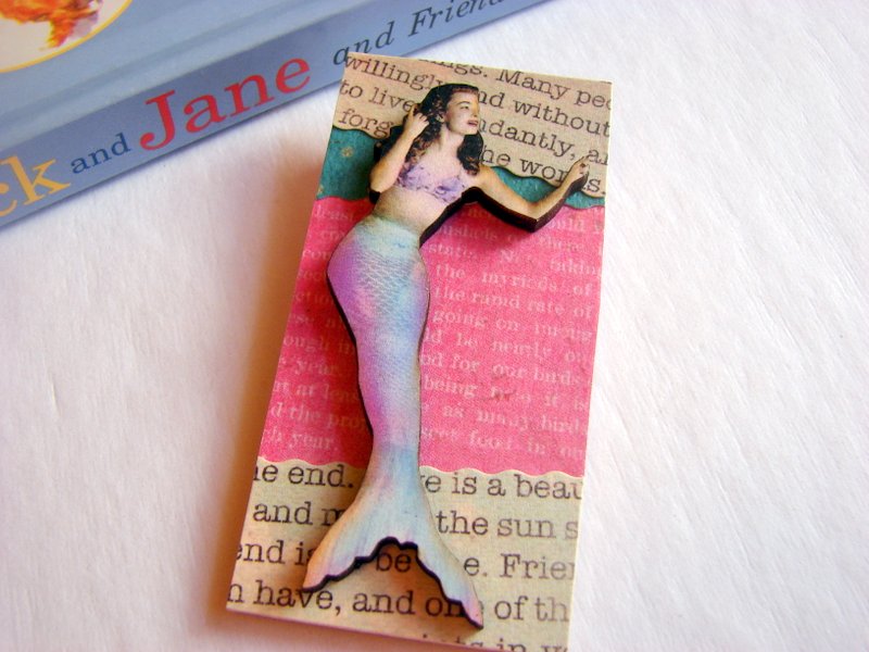 Mermaid In Pink Aqua Lavender 3d Dimensional Pin Badge Brooch - Lg Chipboard Paper And Wood Decoupage Collage - Orange Blue Pink Polka Dots