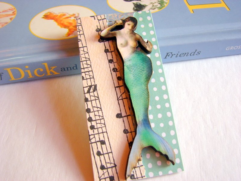 Mermaid In Aqua Blue Musical Notes 3d Dimensional Pin Badge Brooch - Lg Chipboard Paper And Wood Decoupage Collage - Orange Blue Pink Polka Dots