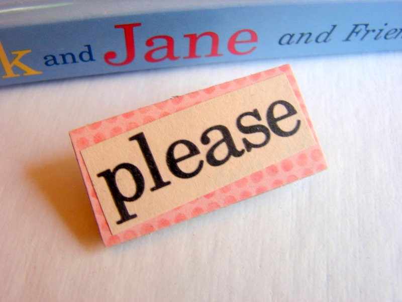 Please - Paper And Chipboard Word Pin - Decoupage Collage Badge Brooch - Vintage Retro