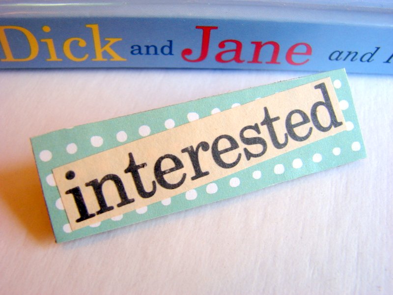 Interested - Paper And Chipboard Word Pin - Decoupage Collage Badge Brooch - Vintage Retro