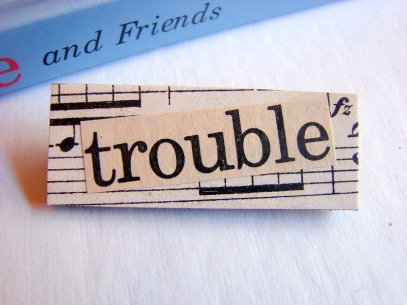 Trouble - Paper And Chipboard Word Pin - Decoupage Collage Badge Brooch - Vintage Retro