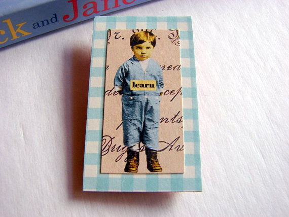 Learn - Boy In Blue - Inspirational Paper And Chipboard Collage Decoupage Pin Brooch Badge - Retro Vintage