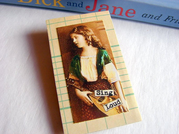 Sing Loud - Girl With A Mandolin - Inspirational Paper And Chipboard Collage Decoupage Pin Brooch Badge - Retro Vintage