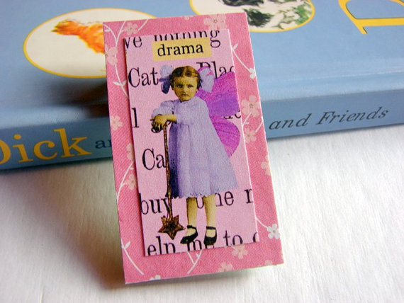 Drama - Girl With Butterfly Wings - Bad Girl Paper And Chipboard Collage Decoupage Pin Brooch Badge - Retro Vintage