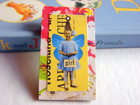 Girl In A Party Hat With Butterfly Wings - Paper And Chipboard Collage Decoupage Pin Brooch Badge - Retro Vintage