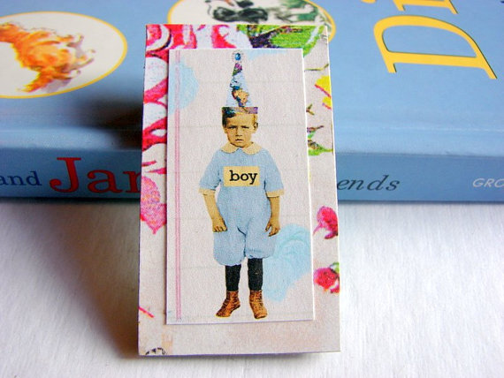 Boy In A Party Hat - Paper And Chipboard Collage Decoupage Pin Brooch Badge - Retro Vintage