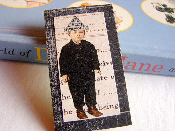 Trustworthy - Boy In A Paper Hat - Inspirational Paper And Chipboard Collage Decoupage Pin Brooch Badge - Retro Vintage