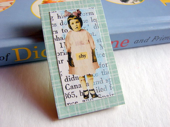 Shy - Girl With A Bow In Her Hair - Paper And Chipboard Collage Decoupage Pin Brooch Badge - Retro Vintage