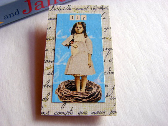 Fly - Girl In A Birds Nest - Inspirational Paper And Chipboard Collage Decoupage Pin Brooch Badge - Retro Vintage